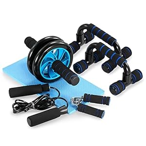 TOMSHOO Appareils de Fitness 5 en 1 Roue Abdominale + Poignée de Pompe + Corde à Sauter + Pince à Main + Tapis pour Genou Kit Complet pour Fitness Exercices Musculation