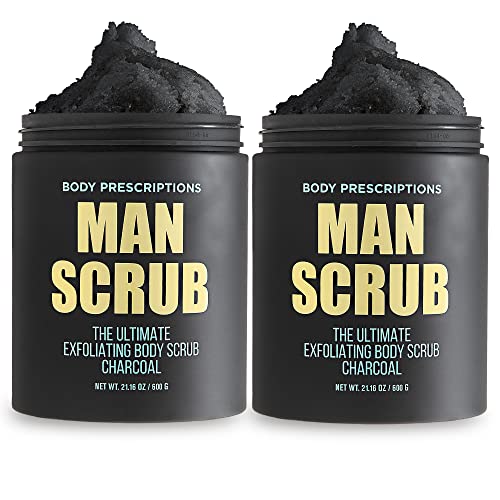 body prescriptions men’s exfoliating body scrub – ultimate skin cleansing wash in jar with twist-top lid, for all skin types, 21 ounce (pack of 2), charcoal
