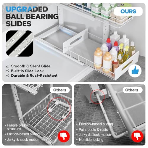 Image of Under Sink Organizer Upgrade To Professional Rails,2-Tier Dual Pull Out Cabinet Storage,Height Adjustable Slide Out Drawers For Bathroom Kitchen,2 Pack-16.7 inchDx12.8 inch-16.9 inchH,White