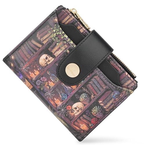 Image of Small Womens Wallet,Bifold Leather Wallet for Women RFID Card Holder Ladies Compact Pocket Wallet for Crossbody Bag (Skull Book)