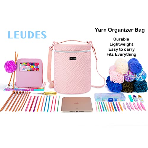 Leudes Yarn Bag, Crochet Tote Knitting Bag Water Resistant Yarn Storage Organizer Holder Case for Crochet Hooks Needles Knitting Kit for Beginners (Pink) - Thumbnail 6