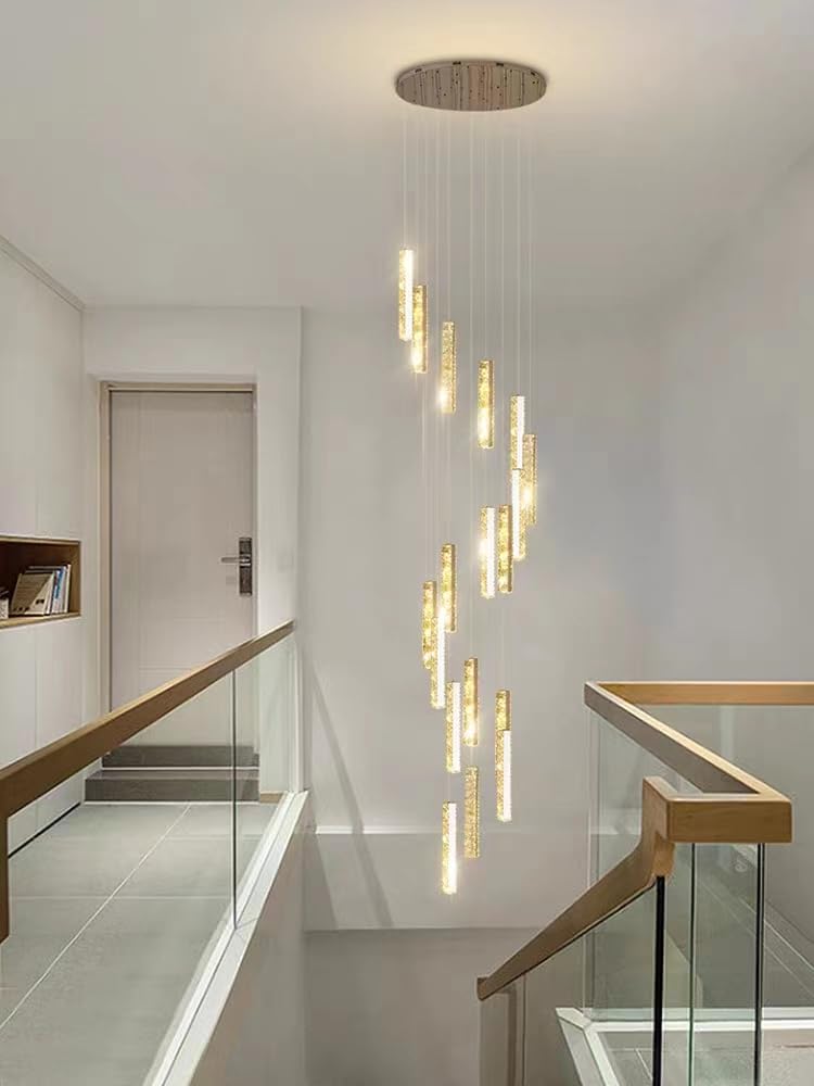 120inch 12-Light Modern LED Dimmable Crystal Chandelier with Remote High Ceiling Chandelier Lighting for Dining Room Hallway Staircase