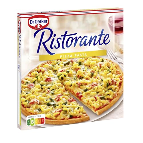 Dr. Oetker Ristorante Pizza Pasta, 410 g – knusprige, vegetarische Tiefkühlpizza, belegt mit Spaghettistückchen, Mozzarella und Edamer (tiefgefroren)