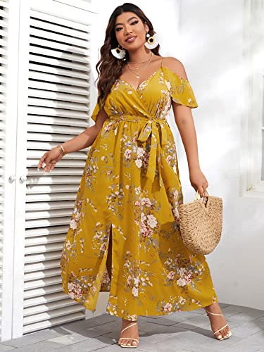 Image of Floerns Women's Plus Size Cold Shoulder Short Sleeve Split Thigh Long Dress