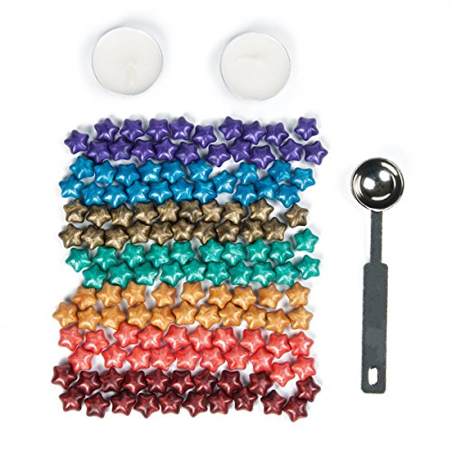 Luropa 140 Pieces Rainbow Colorful Star Shape Sealing Wax Beads with a Wax Melting Spoon and 2 Pieces Candles for Wax Seal Stamp(7 Colors)