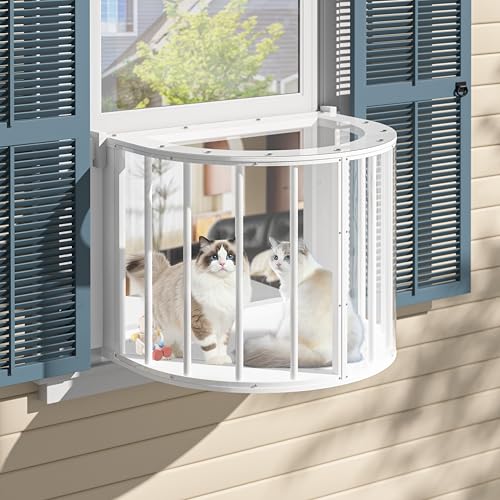 BlueWish Cat Window Box Semicircular Adjustable Cat Window Perch Wooden Window Catio Fits Vertical Window Frames 26 to 42 Wide Sunbathing Napping & Overlooking