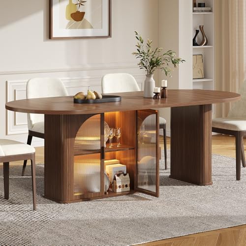 ONBRILL 70 Inch Oval Dining Table for 6-8, Modern Dining Room Table with 2-Tier Storage Space, Wood Kitchen Table with LED Light, Dinner Table with Heavy Duty Legs, Walnut