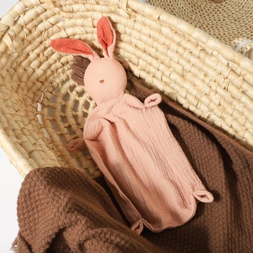 Image of insular Bunny Lovey Blanket for Boys and Girls, Organic Cotton Muslin Security Blanket for Babies, Soft Breathable Lovie Soothing Towel for Newborn and Infant, Pink Rabbit&Pink Cloud