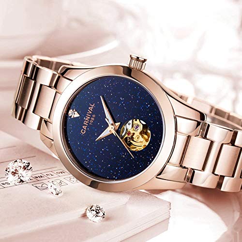 MASTOP Automatische mechanische Damenuhr, Edelstahl, Diamant, leuchtend, wasserdicht, Kleid, roségold blau, Mechanisch-2