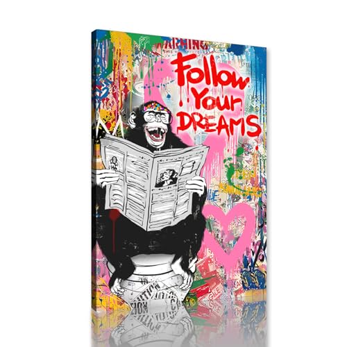 Monkey on Toilet Canvas Print Wall Art Follow Your Dreams Funny Wall Decor Animal Graffiti Poster Framed Artwork for Living Room Bedroom Bathroom Decoration Ready to Hang 12x16inch
