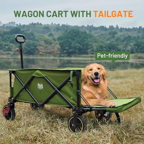Timber Ridge 49" Extra Long Collapsible Folding Wagon with Tailgate and Brakes, 300lbs Heavy Duty Foldable Wagon with Adjustable Handle, 250L Capacity Portable Cart for Outdoor Camping Sports, Green by TIMBER RIDGE - Used condition - Image 2