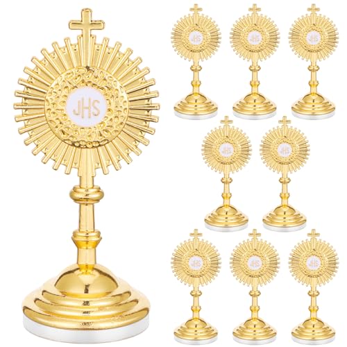 Image of Marsui 8 Pcs Standing Crucifix Mini Gold Cross with Base Metal Blessed Sacrament Catholic Monstrance 3.2 inch Jesus Christ Catholic Gift J-hs Cross Mini Table Decor for First Communion