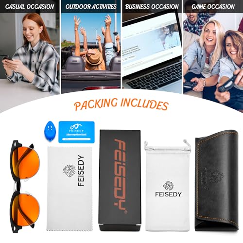 Image of FEISEDY Orange Blue Light Blocking Glasses for Woman Men Amber Lenses Computer Gaming Glasses for Better Sleep