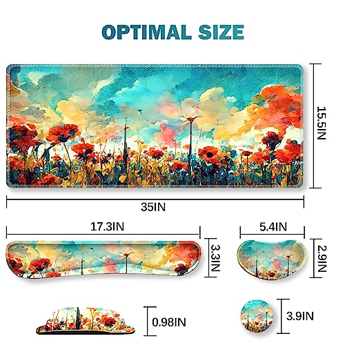 Image of ARTSO Gaming Mouse Pad Wrist Support Set, XXL Large Desk Mat Mousepad + Keyboard Wrist Support+ Mouse Wrist Rest+Coaster 4in1 Ergonomic, Stitched Edge for Home Office -Oil Painting Flowers Plants