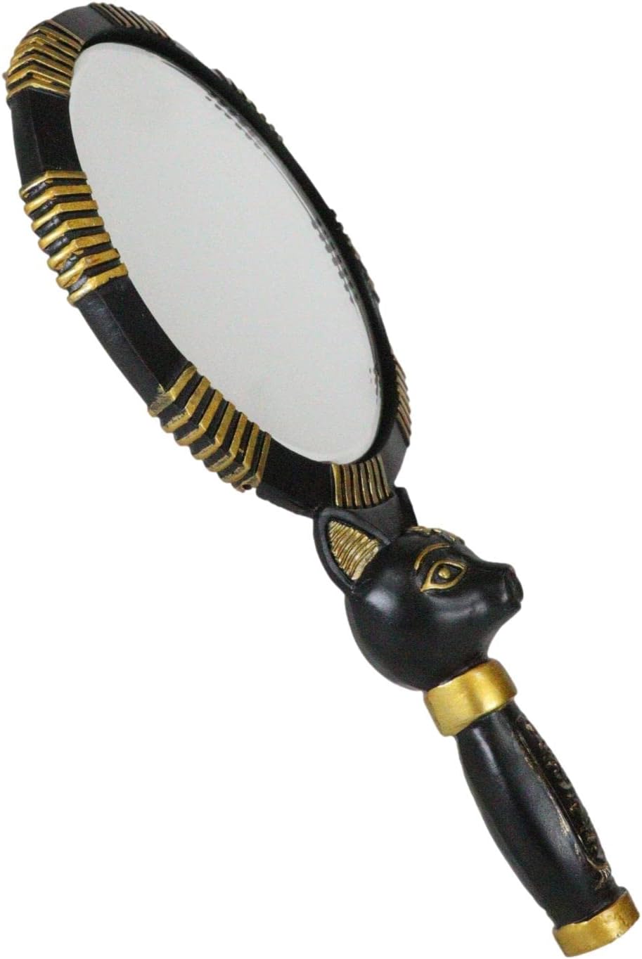 Ebros Gift Ancient Egyptian Black and Gold Classical Goddess Bastet Cat with Hieroglyphs Hand Mirror Figurine 9.25" H New Age Mysticism with Gods of Egypt Symbol of Protection and Fertility