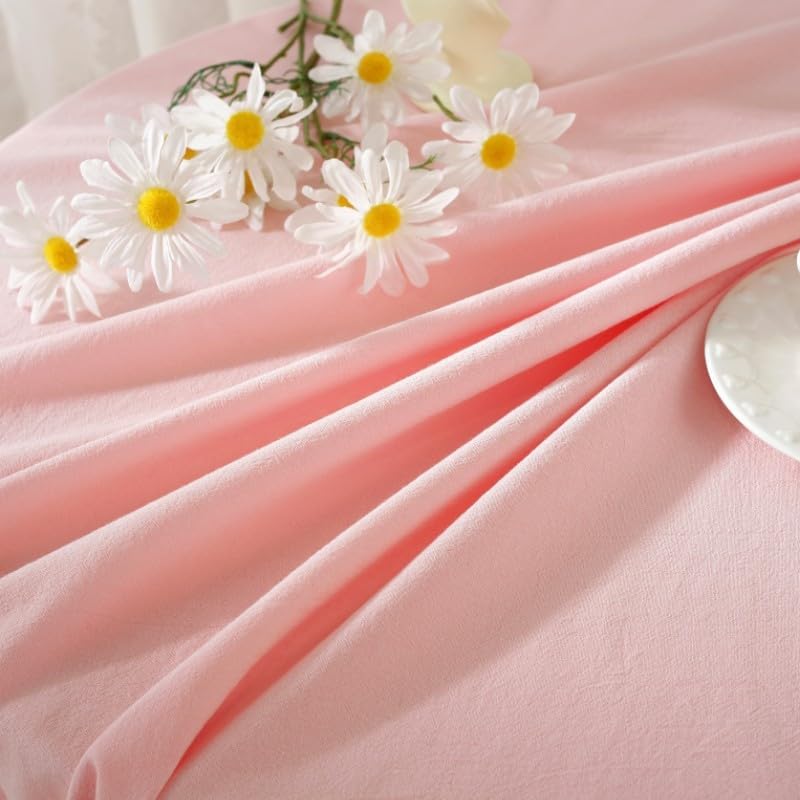 HAIRUO Cotton Linen Table Cloths Retro Farmhouse Heavy Fabric Table Cover Pink White Washable Table Top for Parties Coffee Kitchen Picnic Round Table Cloth (Pink,Round, 60")