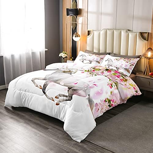 Erosebridal Horse Comforter Set, Cherry Blossoms Flower Bedding Set for Kids Boys Girls Teens, Western Cowboy Indian Duvet Sets Twin Size, Galloping Steed Bedding Comforters Bedroom Decor, White