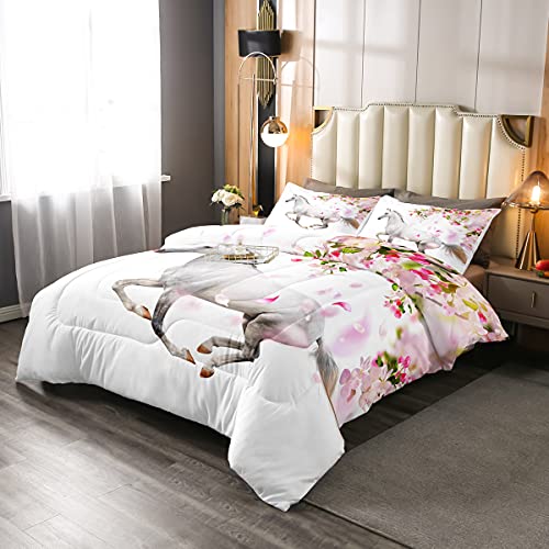 Erosebridal Horse Comforter Set, Cherry Blossoms Flower Bedding Set For Kids Boys Girls Teens, Western Cowboy Indian Duvet Sets Twin Size, Galloping Steed Bedding Comforters Bedroom Decor, White #TOP25