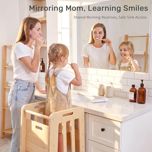 Image of WINGYZ Toddler Tower - Anti-Tip Natural Wood Learning Stool Helper for Kids 18M-6Y, 150lb Capacity Kitchen Stool with 3-Height Adjustable Platform and Sliding Door Access, 20lb Portable Design, Wood