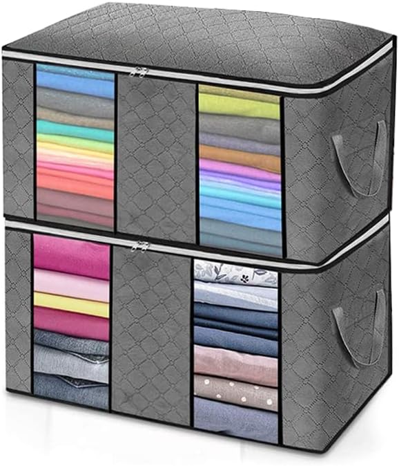 2-Pack Heavy-Duty Storage Bags with Zipper & Dual Clear View Windows | Waterproof Travel & Moving Organizers for Clothes,Bedding,Blankets | Foldable Reinforced Handles | Space-Saving Design,Grey.