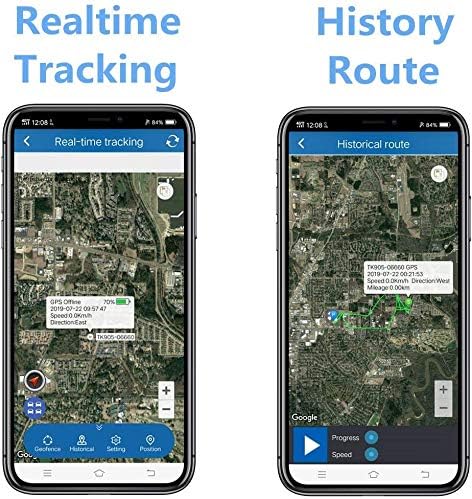 Two smartphone screens side-by-side. One shows 'Realtime Tracking' with a map, the other shows 'Historical route' with a traced path on a map.