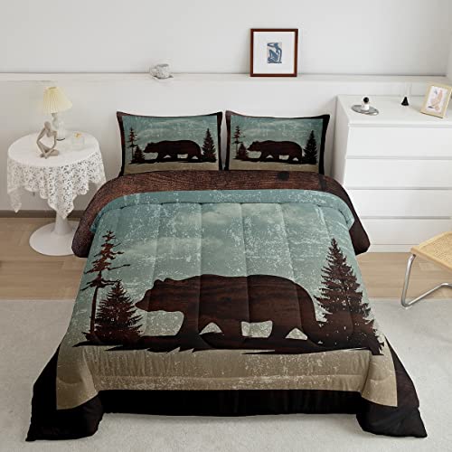 Bear Bedding Set Comforter Set Rustic Western Farmhouse Comforter Cover for Boys Girls Teens Decor Retro Wildlife Animal Duvet Set Twin Size with 1 Pillow Case Boys
