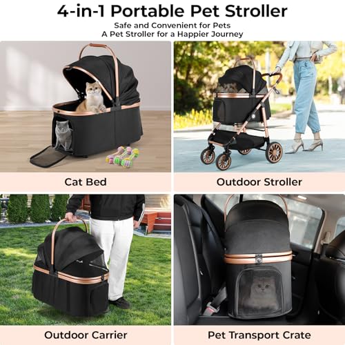 MAMIZO 4 in 1 Hundewagen, Hundebuggy bis 25kg, 4 PCS Gummiräder mit Stoßdämpfung, Faltbar Hund Kinderwagen, Hunde Buggy, Hundebuggy Hunde, Hundebuggy Geländegängig, Katzenwagen (Schwarz)