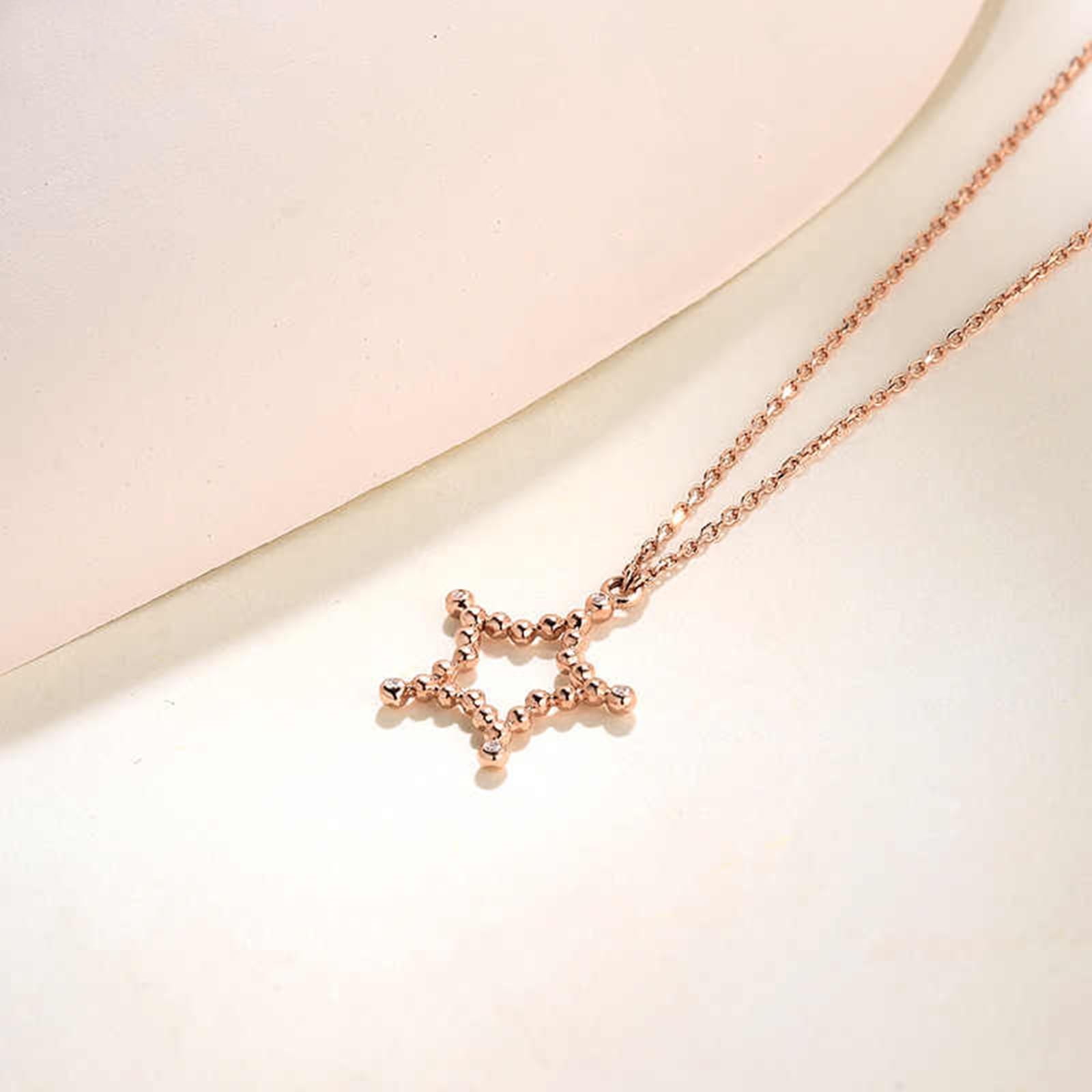 Collar de oro para mujer, estrella hueca de oro rosa de 9 quilates, 14 quilates, 18 quilates con diamante redondo de 0,01 quilates, collares de 14 quilates para mujer