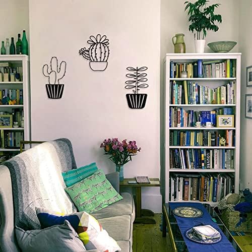 ESTART Black Metal Cactus Wall Decor 5 Pieces, Modern and Simple Succulent Potted Flower Wall Art, Suitable for Living Room, Bedroom, Room and Office (Black)
