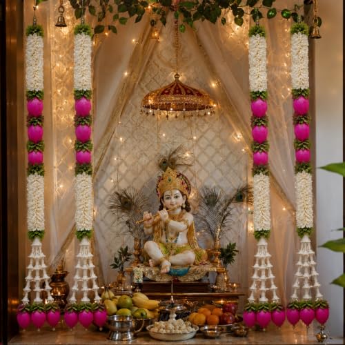 Image of Divyakosh BuilderCoach 2 Pack Decorative Door Hanging, 3 Feet (36 Inches) Each, Floral Toran with Pink Lotus Buds, White Flowers & Green Foliage, Festive Pooja, Ganpati & Entrance Decor