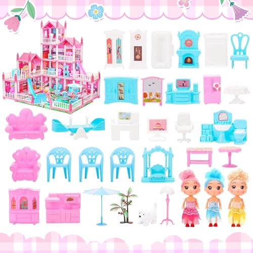Image of Dollhouse with 4-Story 11 Rooms, Dream Gift Princess Doll House Playset with Furniture Pool Slide, Pink Toddler Toy House for 3 4 5 6 7 8 9 10 Year Old Girls
