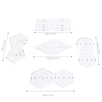 5Pcs Patch Work Ruler Set, DIY Sewing Tools, Acrylic Patchwork Ruler with Double Round Pentagon Hex, Multi Functional Measuring Cutting Template for Quilting and Handicrafts