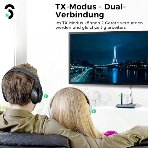 3-in-1 Bluetooth 5.0 Sender Empfänger für 2 Kopfhörer, SOOMFON Bluetooth Adapter Audio für TV PC Stereoanlage, Low Latency BT Transmitter Receiver mit Lautstärkeregelung, Aux/RCA/Optisch – Bild 4