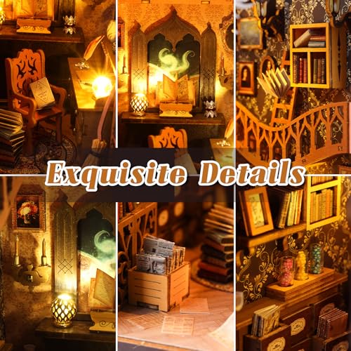 Book Nook DIY Kit, Magische Bibliothek DIY Puppenhaus Miniatur Haus Selber Baue Bausatz mit Staubschutzhülle und LED Licht