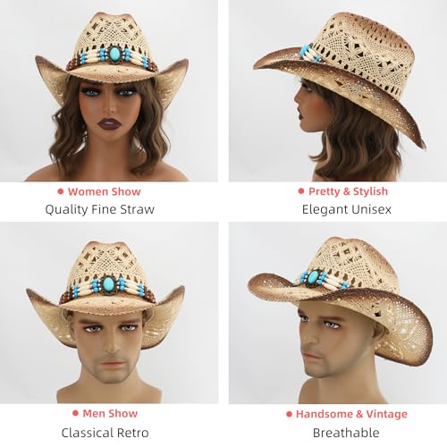 Image of Straw Cowboy Hat, Western Cowgirl Hat, Wide Brim Sun Beach Hat for Men and Women