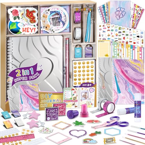 PERRYHOME DIY Journal Kit for Girls Ages 8-14, 2-Pack Journal Set for Tween & Teen Girls,Scrapbook & Diary Supplies Set w/ 100+Pcs,DIY Stationery Set,Gift for 8 9 10 11 12 13 14 Year Old Girl Birthday