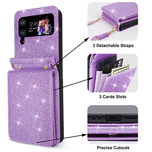 Ksridote Samsung Galaxy Z Flip 4 Case With Card Holder Strap Lanyard, Bling Samsung Z Flip 4 Case Wallet Glitter Galaxy Z Flip 4 Wallet Case Crossbody Phone Case Cover Purse For Women, Purple #TOP1