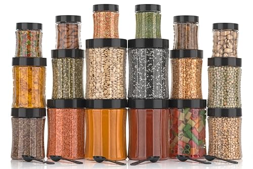 Image of Black Olive Storage Organizer Container Set - Transparent Jar Set for Kitchen with Lids & Spoons, 1200ml, 650ml, 350ml & 250ml Dabba Box for Spices, Snacks, Grocery & Dry Fruits (Black, 20pc)