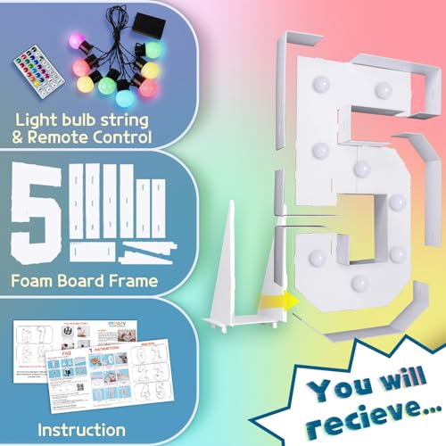 Image of Imprsv Colorful 3FT Marquee Numbers 5, 18 Colors Large Light up Numbers | RGB with Remote, Birthday Party Decorations Anniversary Wedding Decorations Assembly Required 21 Pcs Accessory Set