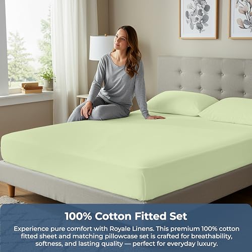 Image of Royale Linen Fitted Sheet With Pillowcases - Queen Fitted Sheets With 2 Pillowcase - 300 Thread Count 100% Organic Cotton - Fit Mattress Up to 18 inch Deep - Soft & Breathable - Sage Green (No Flat Sheet)