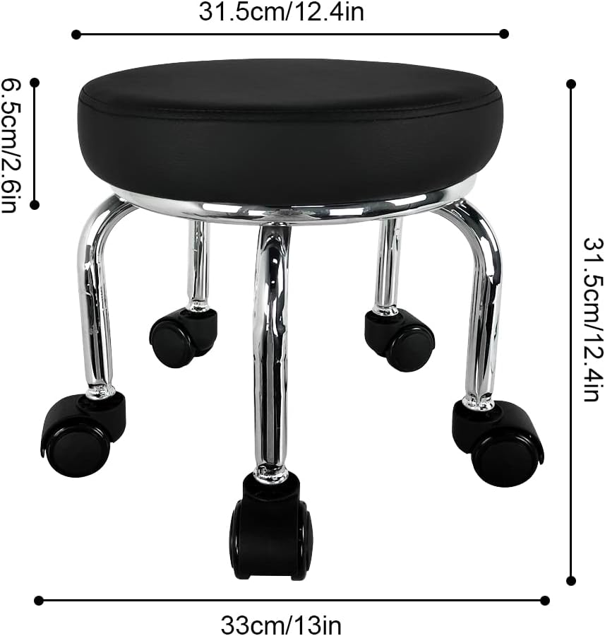 WKWKER Modern Roller Seat PU Leather Low Round Rolling Stool 360° Swivel Small Low Seat with Universal Caster Wheels Foot Stool for Home Office Garage Shop Fitness Sport H：12.4" （Black）