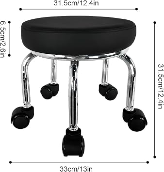 WKWKER Small Rolling Stool PU Leather Roller Seat 360° Swivel Low Round Chair with Universal Caster Wheels for Home Massage Garden Office Garage Shop Fitness Sport,H:31.5cm(Black)