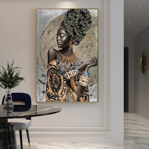 Toile art africain abstrait de femme noire en robe noble décoration de salon encadrée 70x95cm