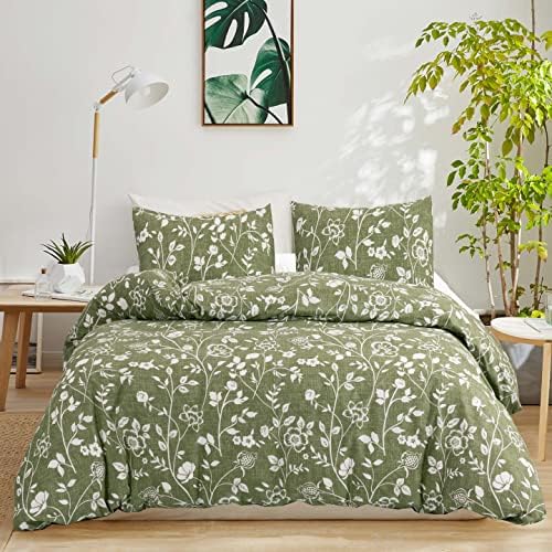 Ivellow Floral Duvet Cover Queen, 100% Cotton Sage Green Botanical Duvet Cover Set, Garden Flower Leaves Branch Duvet Cover Soft Breathable Comforter Cover Cottagecore Bedding Set Zipper Closure 3 Pcs