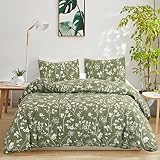 Ivellow Floral Duvet Cover Queen, 100% Cotton Sage Green Botanical Duvet Cover Set, Garden Flower Le