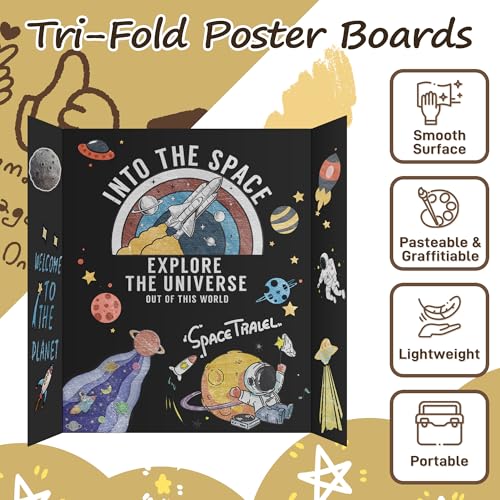Image of PSHVYM 12 Pcs Black Trifold Poster Board, 26 x 17 inches with Double Sided Tapes and Cardboard, Corrugated Presentation /Display Board for School Project, Science Fair, Business