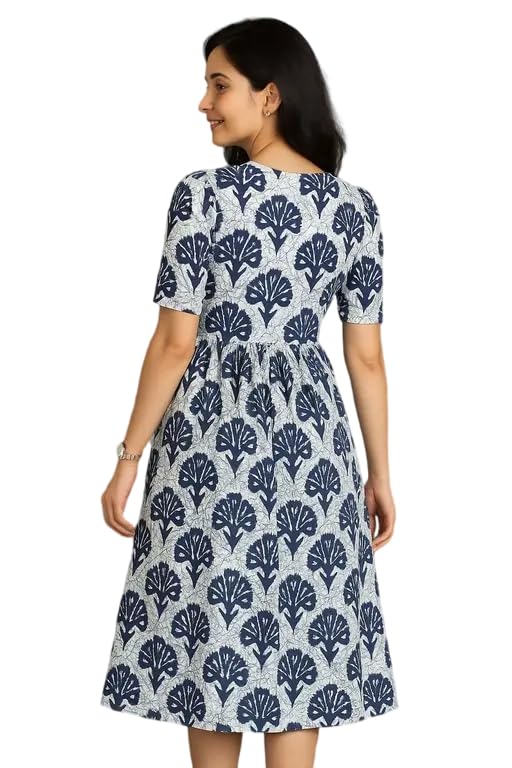 Image of Women's Round Neck Floral Block Printed Elbow Sleeves Front Button Detailing Layered and Tiered Hem Kurti Gown