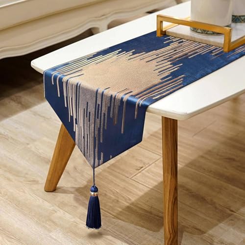 Blue Luxury Table Runner,13"x72",Modern Geometric Lines, Fancy Ring Tassel