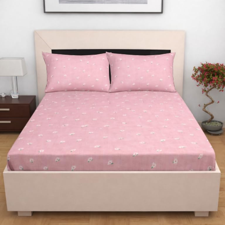 Image of Designer Floral Printed Flat Bedsheet for Double Bed 200tc to 220tc | Ultra Soft Cotton Fabric | King /Queen Size Top Sheet with 2 Matching Pillow Covers - 228 x 228 Cm, Light Pink