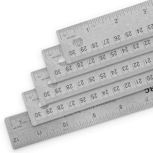 5 Pack | Pacific Arc Stainless Steel 12 Inch Metal Ruler Non-Slip Cork Back, with Inch and Metric Graduations